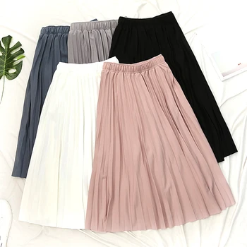 

2019 New Spring Summer Women High Waist Solid Color Pleated Skirt Ladies Causal Loose Midi Skirts Students Daily Skirt