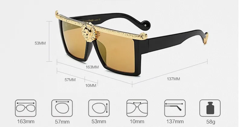 Роскошные золотые негабаритные солнцезащитные очки кошачий глаз для мужчин и женщин, металлические квадратные очки, дизайнерские очки с УФ-защитой 45200