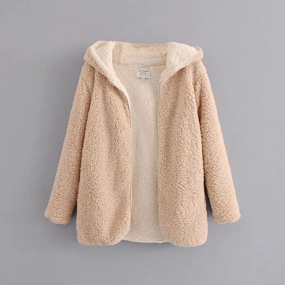 Hooded Open Front Lamb Wool Coat Female Plush Overcoat Casual Outerwear 2018 Autumn Winter Warm Soft Fur Coat