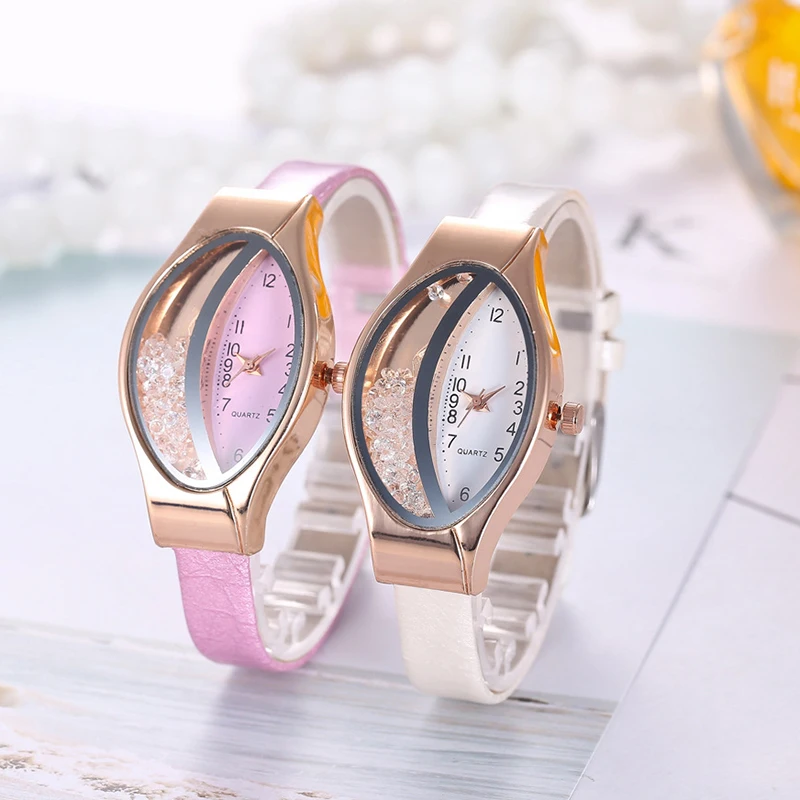

Women Quartz Watch Rhinestone Ellipse Creative Ladies Bracelet Watch Fashion Gold Luxury Leather Wrist Watch relogio feminino