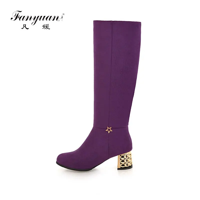 

Fanyuan Round Toe Zipper Knee-High Boots metal Fretwork Heel Fashion boots Casual Shoes Woman Solid Short Plush Warm Winter Boot