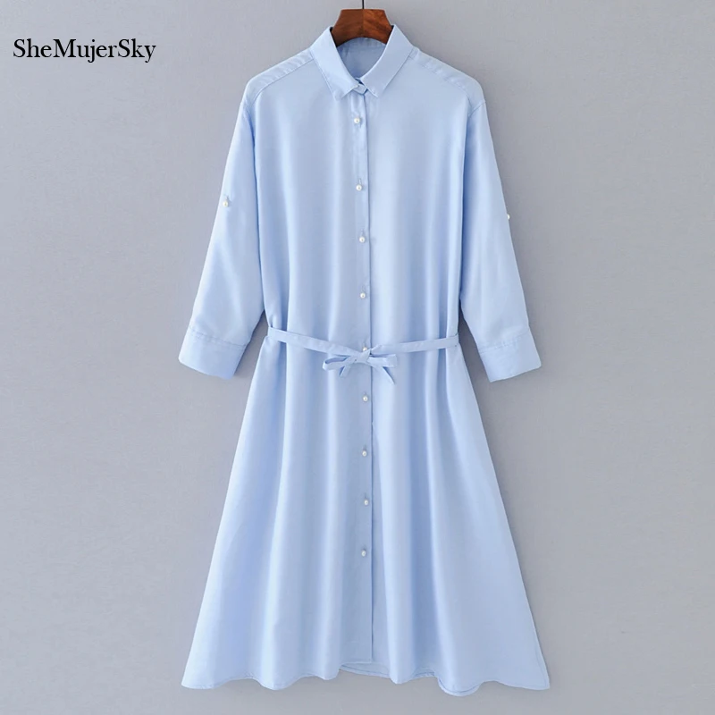 SheMujerSky Women Blue Long Shirt Dress Elegant Pearls Beading Womens Dresses Sashes Bodycon Vestido 2017