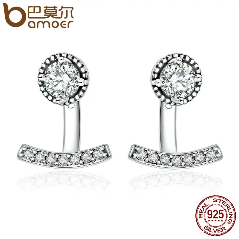 BAMOER Authentic 925 Sterling Silver Abstract Elegance, Clear CZ Stud Earrings for Women Sterling Silver Jewelry Bijoux PAS505