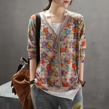 

Open Sweater Retro Women Loose Knitting Sweater Tops Print Flower V-Neck Casual Blended Female Sweater r1509