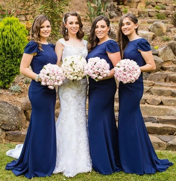 

Elegant Navy Blue Bridesmaid Dresses 2019 New Mermaid Long Formal Wedding Party Dress O Neck Short Sleeve Bridesmaid Prom Gowns