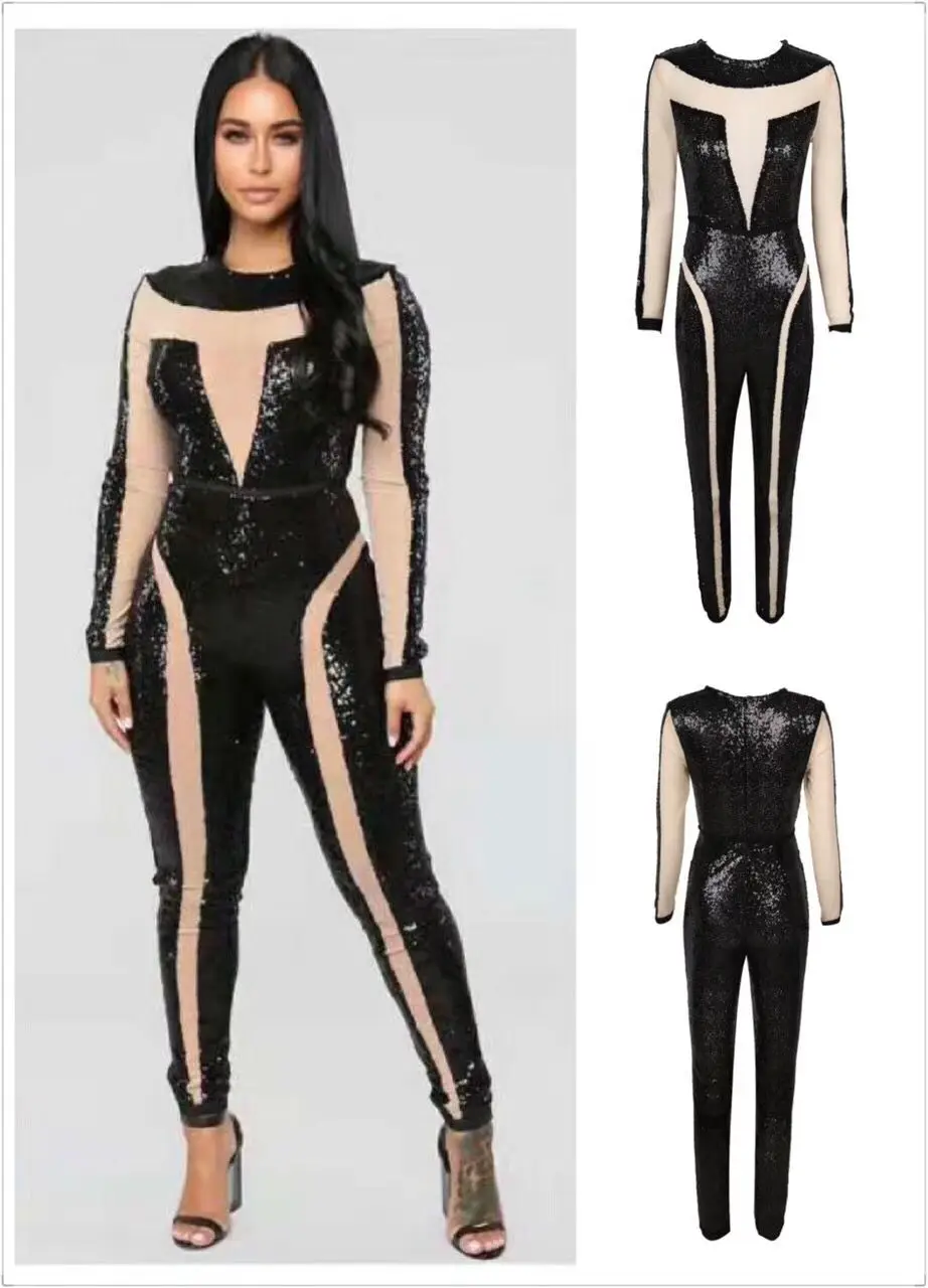 High Quality Black Long Sleeve Hollow Out Full Length Fashion Jumpsuit