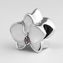 Подходит для Pandora Браслеты Орхидея Подвески с белой эмалью 925 пробы-серебро-бусинами