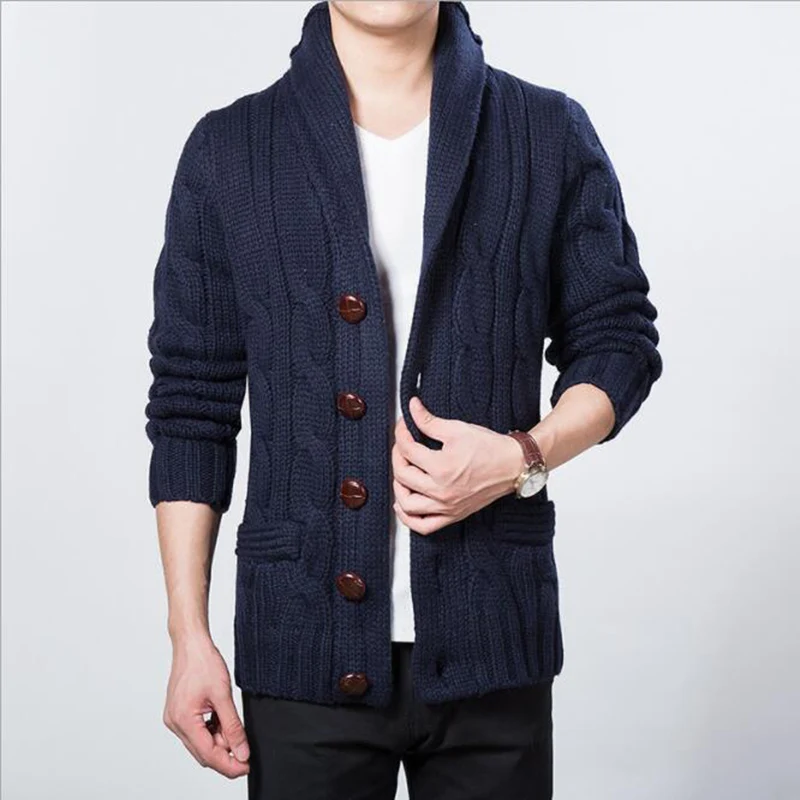 Korean Fashion Wooden Button Winter Male Cardigan Sweater Men Shawl Collar Knit Coat Grey Navy men sweater coat spring and autumn fashion cardigan slim knit coat men long sleeve zipped stand collar sweater