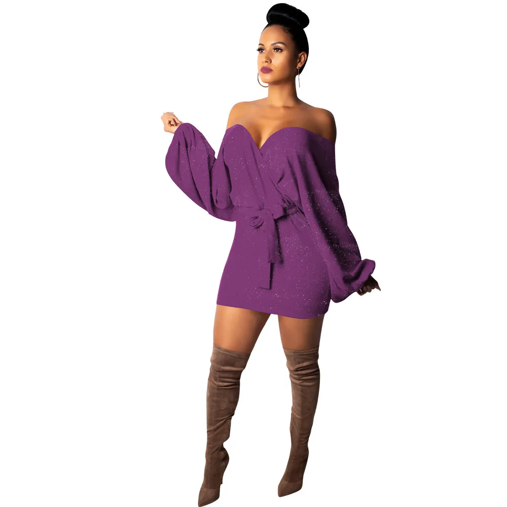 2018 Autumn Women Dresses wool knitted Full Lantern Sleeve