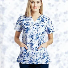 Женский синий белый цветочный принт скраб наборы рабочая одежда медсестры медицинская униформа Рабочая одежда V шеи скрабы топ шнурок брюки лето