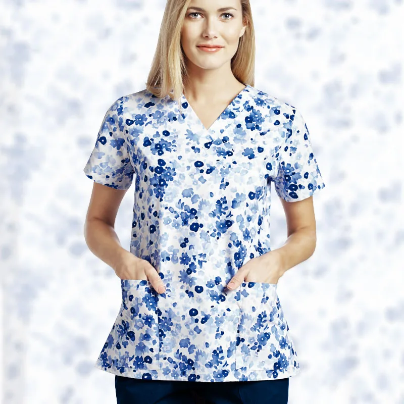 

Women Blue White Floral Print Scrub Sets Nurse Workwear Medical Uniform Work Clothing V Neck Scrubs Top Drawstring Pant Summer