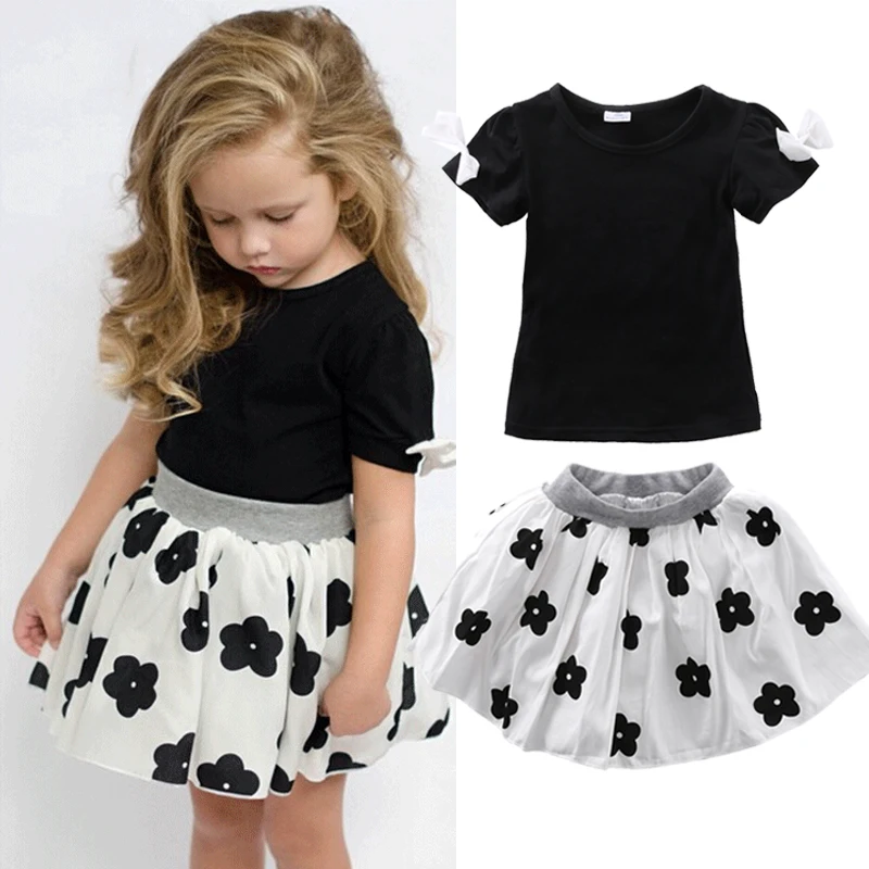 Детское платье с цветочным рисунком для маленьких девочек черная рубашка юбка с бантом комплект из 2 предметов, детская одежда