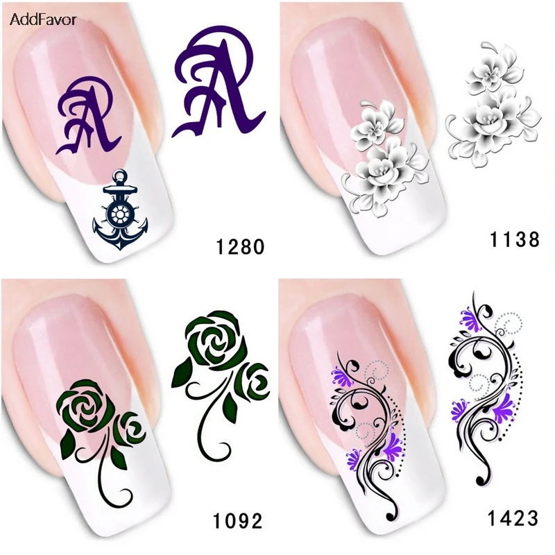 AddFavor 6Sheets Fingernail Sticker Flower Letter Pattern Nail Art