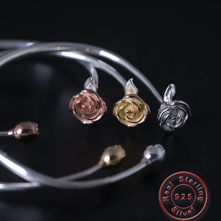 

Amxiu Two Tones Color Open Bangle 925 Sterling Silver Rose Flower Bangles For Women Girls Party Gift Jewelry Fashion Accessories