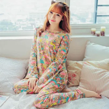 

Womens Pajamas Sets 2019 Summer Round Neck Cartoon sleepwear long sleeve Homewear Women Sleepwear Short Pyjamas Pijamas Feminina