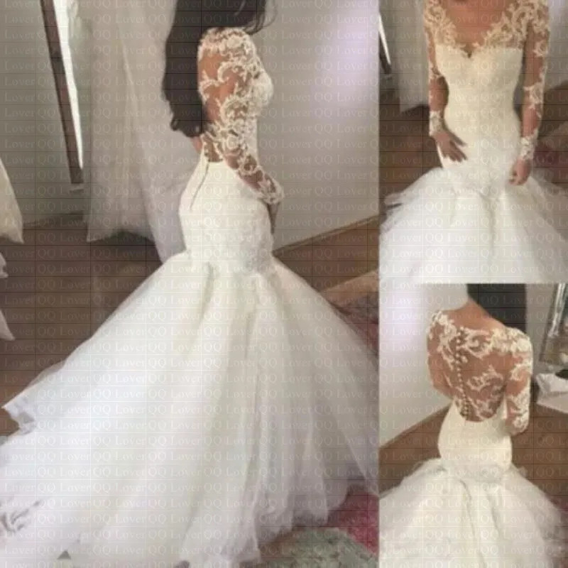 2019 Африканский длинный рукав v-образным вырезом Кнопка Русалка свадебное платье