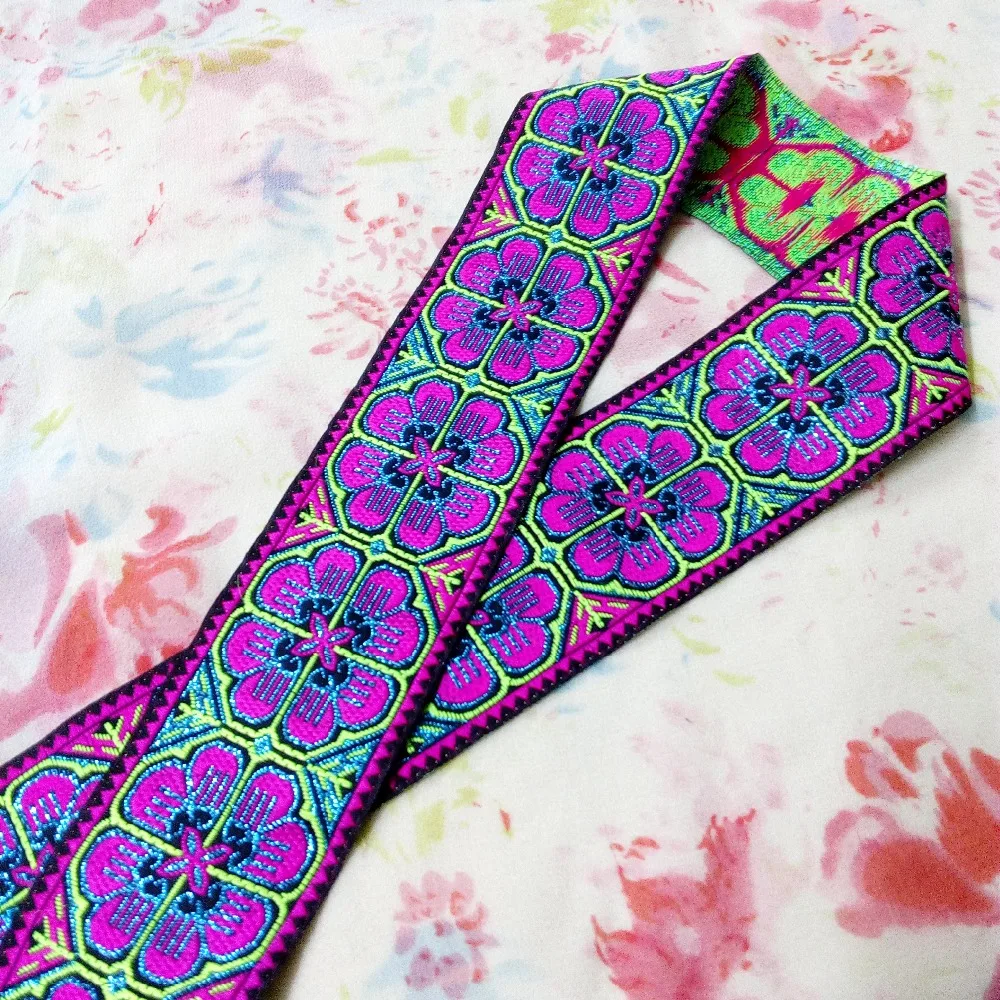

5cm 50mm 2'' Pink Green Blue Wedged Octagon Flower Filigree Embroidery Ribbon Garment Costume Curtain National Jacquard Webbing