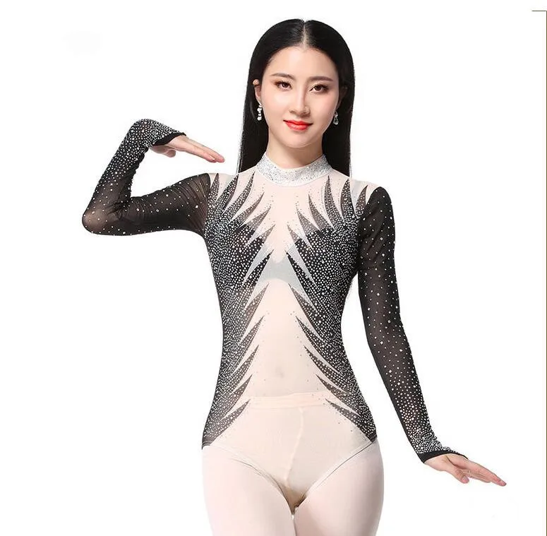 

Glitter Stone Women Classic Mesh Long Sleeve Dance Leotard Ballet Gymnastics Uniform Dancer Basic Underwear Black Nude S M L