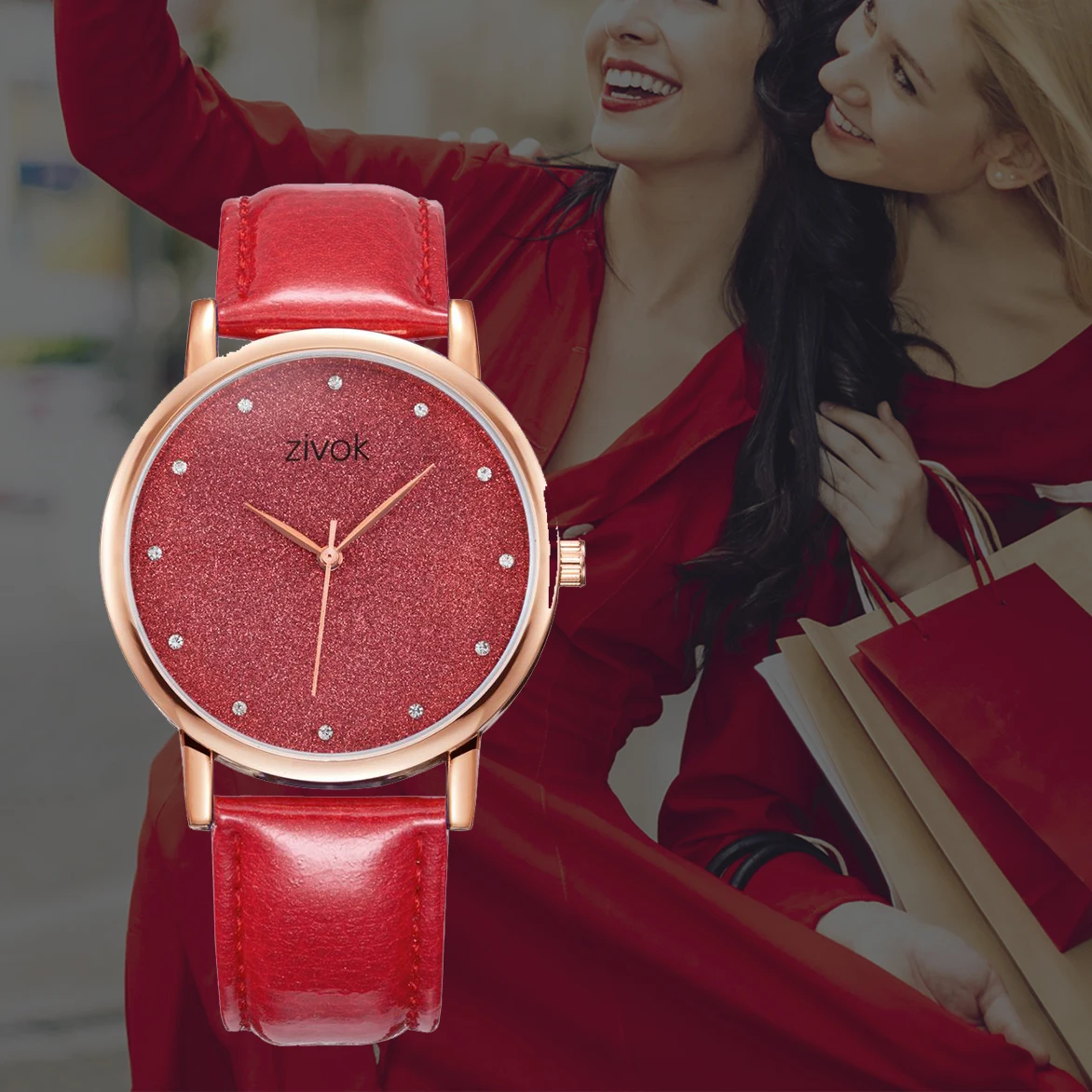 SKMEI Elegant Ladies Watches Quartz Analog Clock Red Leather Strap