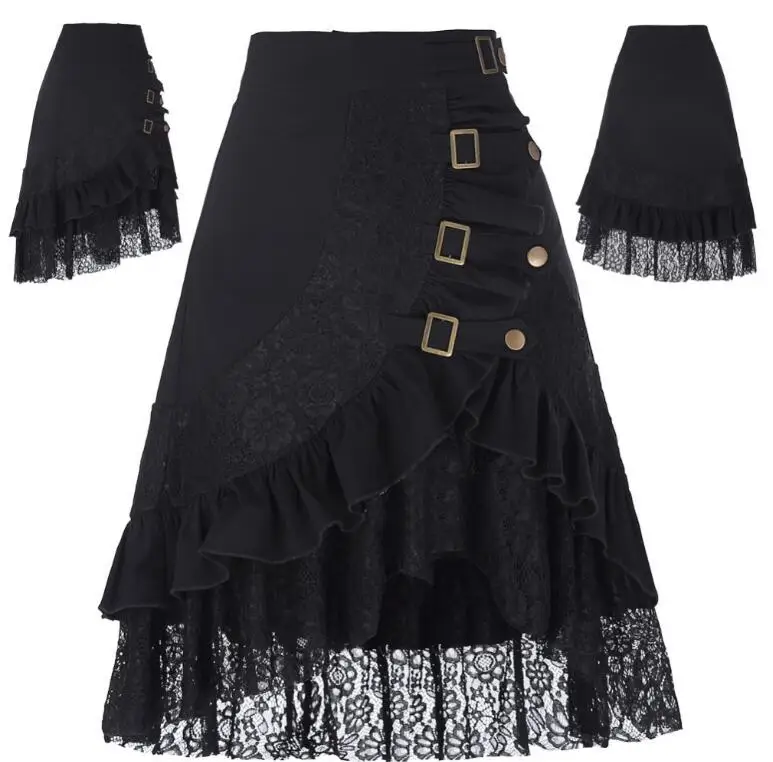 Sexy Women Steampunk Skirts Lace Fluffy Zipper Midi Layered Skirt