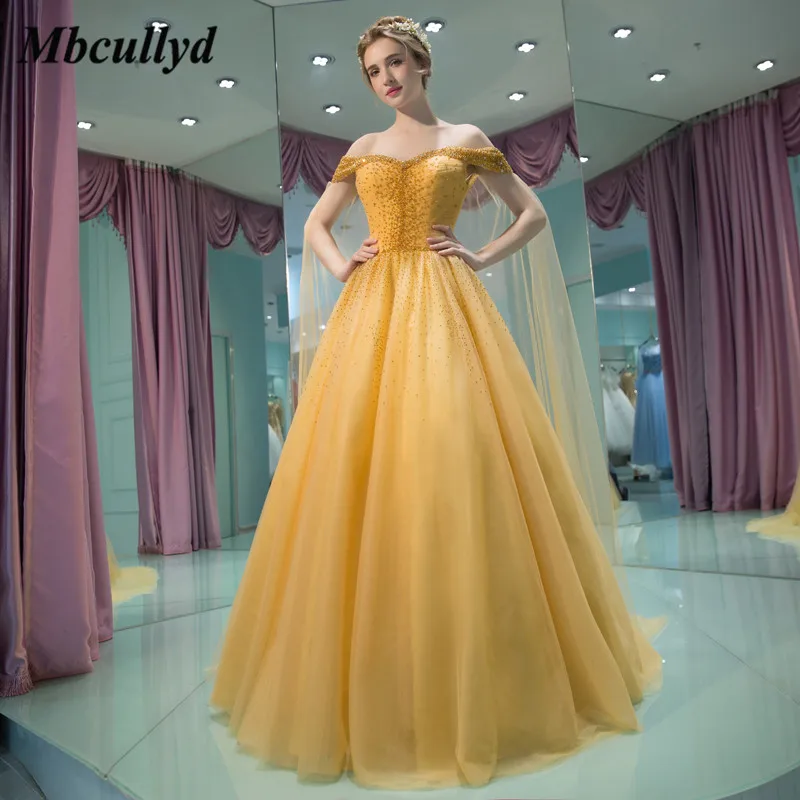 

Mbcullyd Elegant Yellow Quinceanera Dresses 2019 Puffy A Line Off Shoulder Beads Sweet 16 Prom Dress Formal Vestidos de 15 anos
