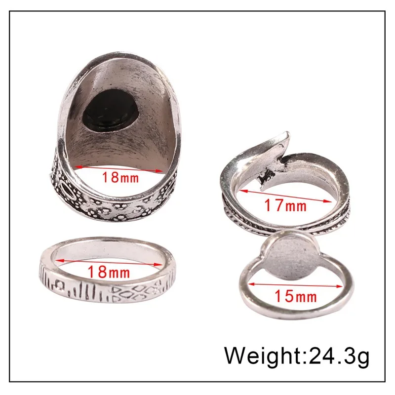 4pcs/set  Fashion Women's Retro Ancient Silver  Palm Hollow Carved black Gem Ring Combination Set Ring Jewelry