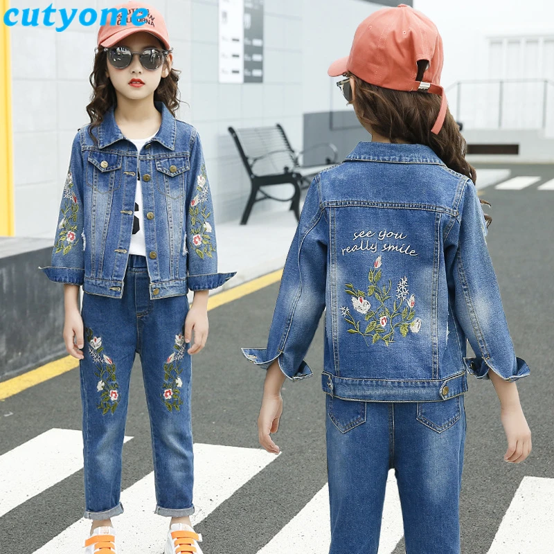 

Denim Toddler Kids Girls 2pcs Clothes Set Autumn Embroidered Cardigan Jeans Jacket+Pants Teenage Outfits Child Clothing 10 12 14
