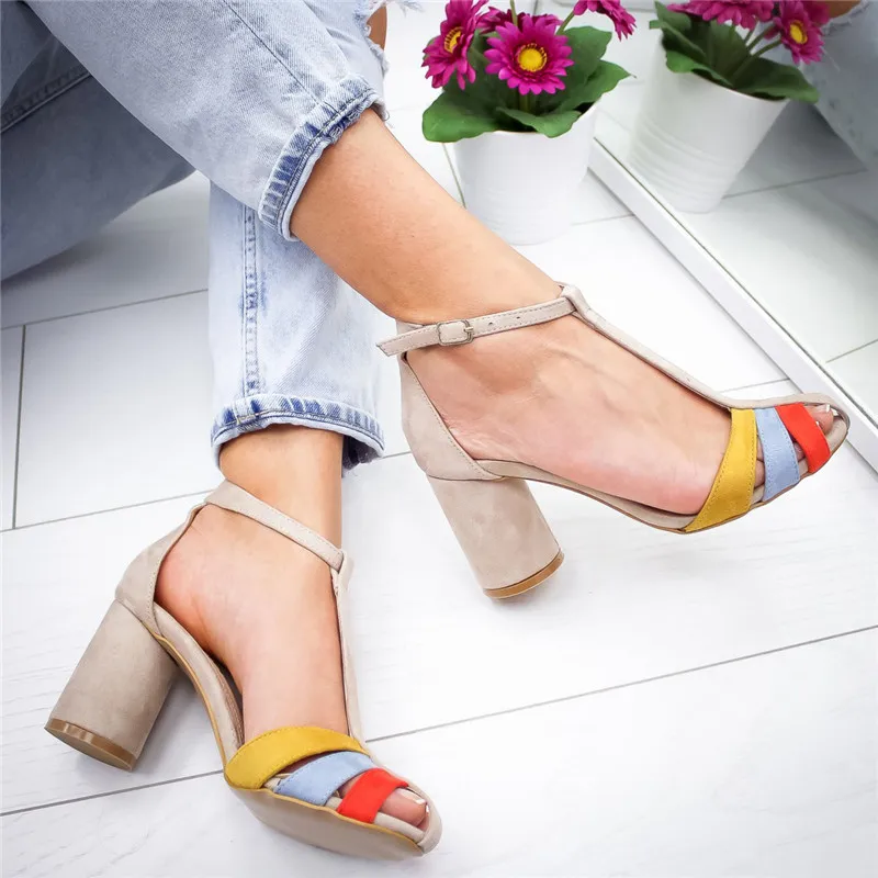 

PUIMENTIUA Sandalias Mujer 2019 Strap Heel Peep Toe Chunky Heel Sandals Vintage Slip On Elastic Bandage Elegant Platform Sandals