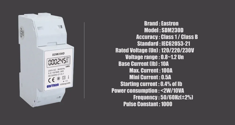 SDM230D одного метра энергии фазы, по умолчанию 220/230 В, импульсный выход, 2 P кВтч метр, Мощность, ваттметров, прямое подключение 100A