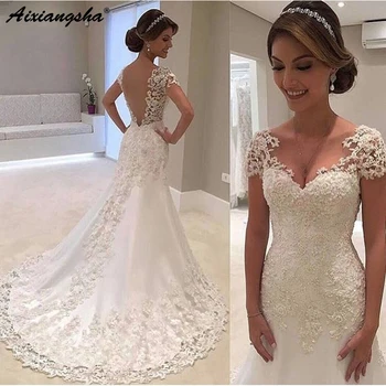 

Charming Sweetheart Beaded Lace Wedding Gowns 2018 Backless Cap Sleeve Ivory robe de mariage Mermaid Wedding Dresses