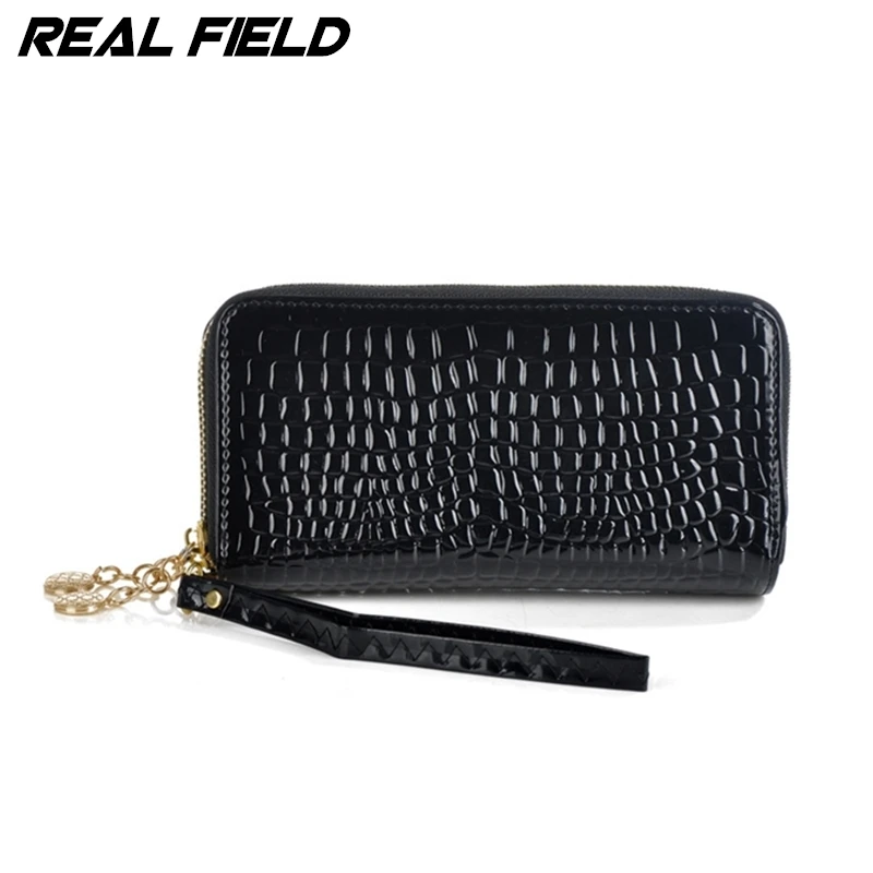 Real Field RF New Fashion Women Clutch Bag Bonded Split Leather Wristlet Lady Purse Crocodile Wallets Female Two Zipper Bags 096 | Багаж и