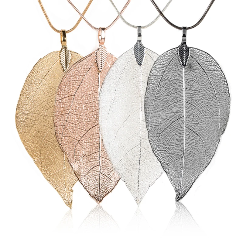 

Real Leaf Necklace Natural Leaves Pendant Long Sweater Chain Necklace Silver Gold Black Rose Gold Necklace Women Fashion Jewelry