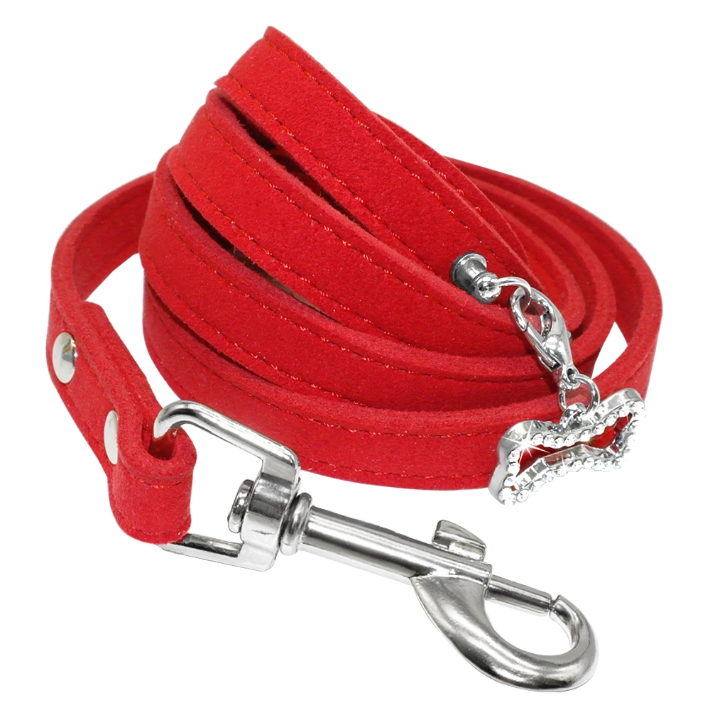 Мягкий замшевый кожаный поводок для собак, кошек, собак, поводок для прогулок с косточкой со стразами - Цвет: Красный