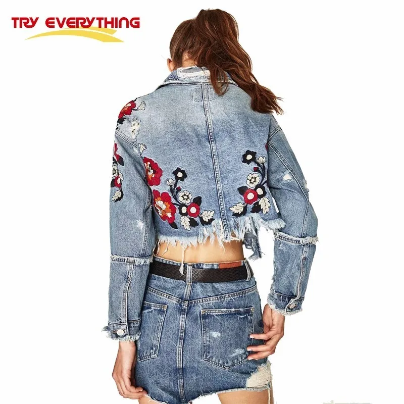 

Try Everything Flowers Embroidery Jeans Jacket Women 2017 Ripped Punk Denim Vintage Jacekt Female Short Spring Autumn Coat Women