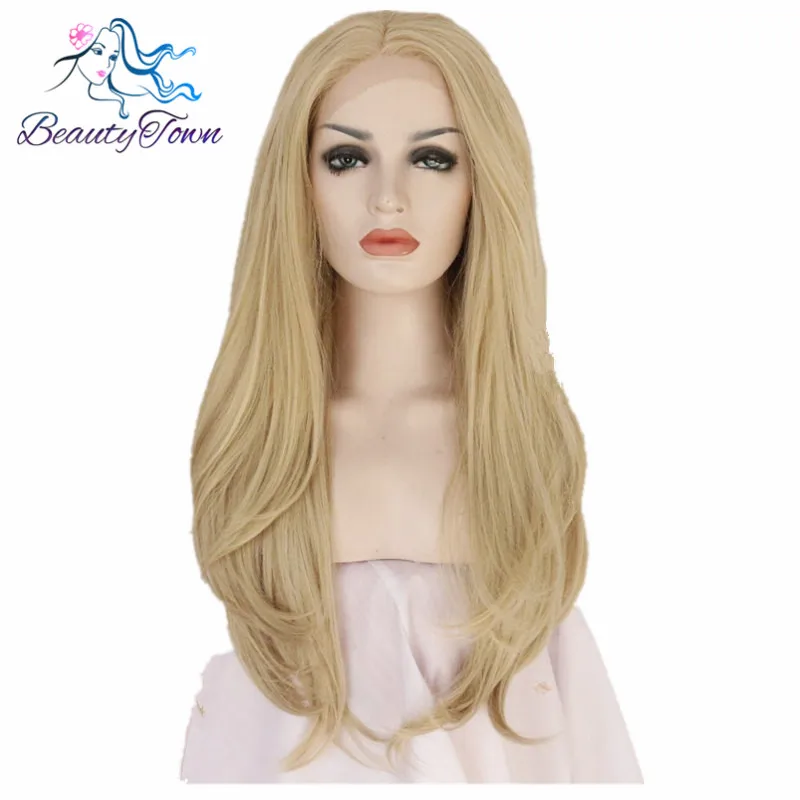 

Natural Wave Type Blond Color Hand Tied Big Lace Part Heat Resistant Hair Cosplay Party Synthetic Lace Front Wig For Women Gift
