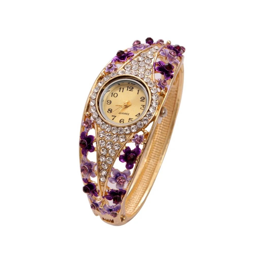 

Luxury Women Watch Top Sale Famous Brand Quartz Wristwatch For Women Purple Flower Rhinestone Analog Clock Relogio Feminino