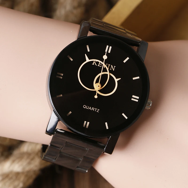 Кевин женские часы с браслетом модные черные круглые циферблат из нержавеющей стали Кварцевые Мужские наручные часы Relogio Masculino feminino