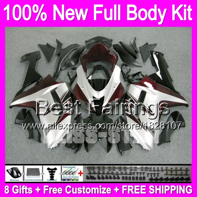 

+decal Bodywork For KAWASAKI ZX6R ZX-6R Silver Dark red NINJA 07 08 B187 HOT ZX 6R 636 ZX636 2007 2008 07 08 Silvery Fairing