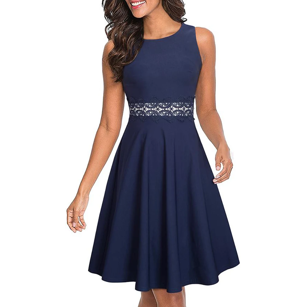 Women/'s Elegant Floral Cocktail Sleeveless Party Flare Dress A049