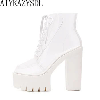 

AIYKAZYSDL women crystal ankle boots lace up high top shoes woman transparent jelly platform ultra very high heel pumps bootie