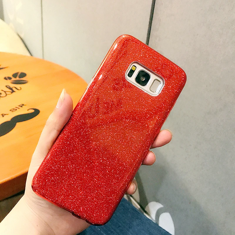 Luxury Shining Red Glitter Case For Samsung S8 3 In 1 Hybrid Soft TPU+Hard PC Back Cover Galaxy S9 S10 Plus |
