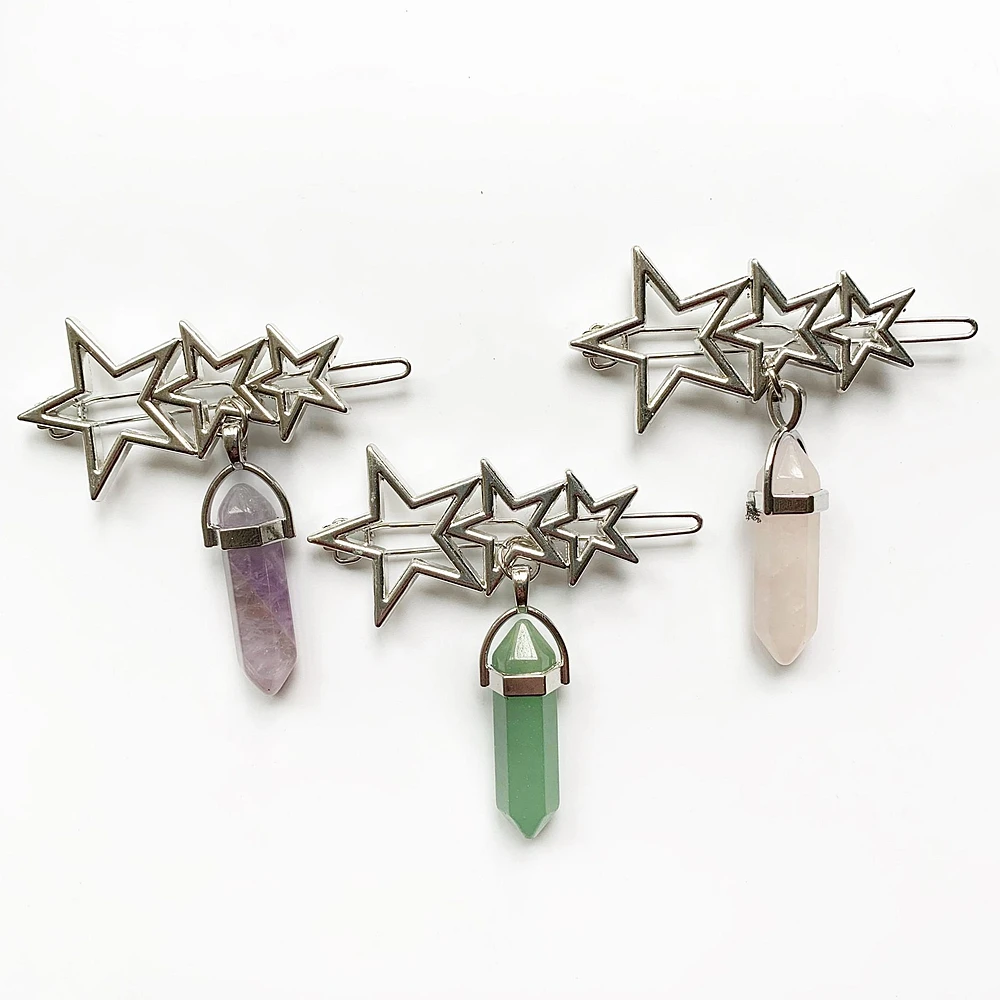 

Hair Clip Star Shaped Metal Fashion Jewelry Hair Clips Accessories for Women Girls with Crystal Stone Quartz Hexagon Pendant