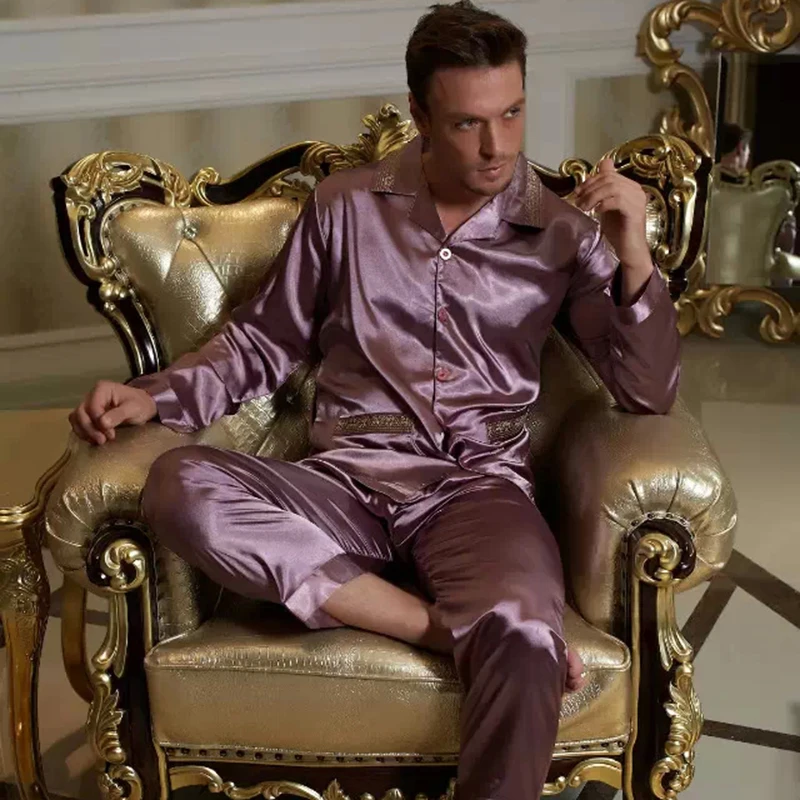 XIFENNI 2019 Brand Men Pajamas Sexy Satin Silk Pajama Pants Sets Embroidery Long-Sleeve Pyjama Lounge Sets Casual Sleepwear 1529