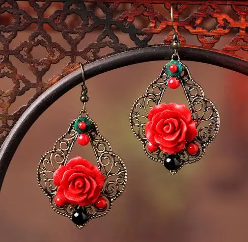 

free shipping National wind long paragraph Chinese style bride earrings exaggerated temperament retro reD