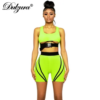 

Dulzura 2019 summer women two piece set hollow out patchwork streetwear shorts set 2 piece outfits sportswear crop top fitness