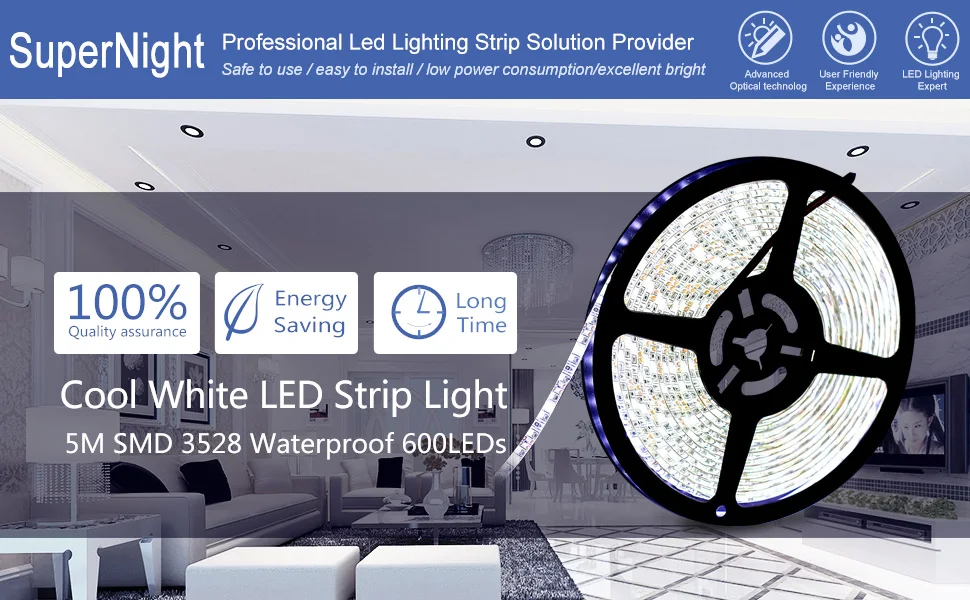 SuperNight SMD 3528 Cool White LED Strip 5M 120LEDsm DC 12V Flexible Tape Light Waterproof IP65 High Brightness LED Lamp Band (6)