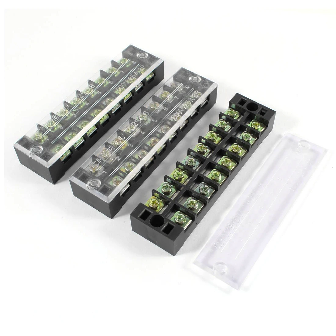 KSOL 3 Pcs 600V 25A 8 Positions Dual Rows Covered Barrier Screw Terminal Block Strip Black