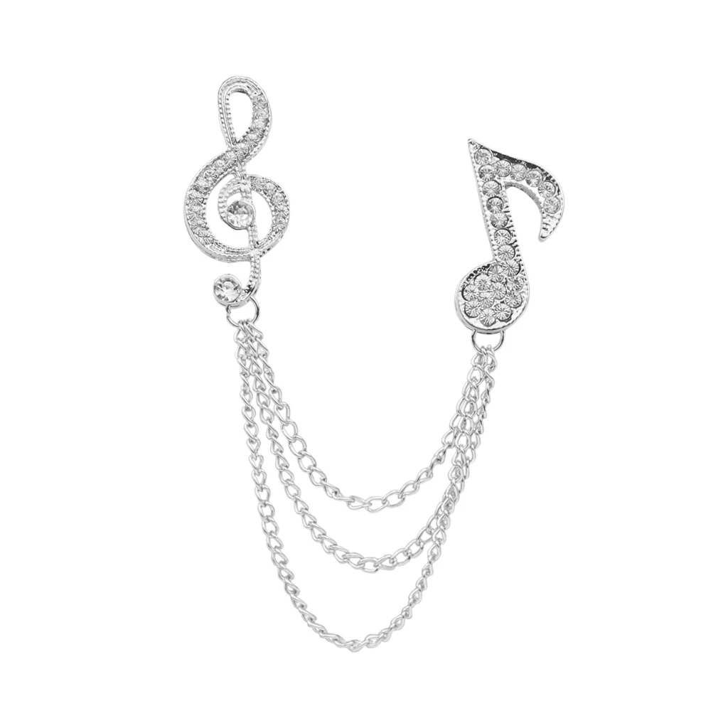 Crystal Music Note Chain Brooch Pin, Shirts Neck Collar Tips with Layers Tassel Chain Blouse Lapel Pins for men women