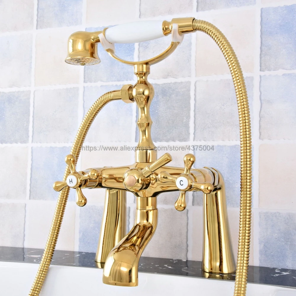 

Gold Color Brass Deck Mounted Bathroom Clawfoot Bathtub Faucet & Hand Shower Basin Sink Mixer Tap & Hand Shower Ntf785