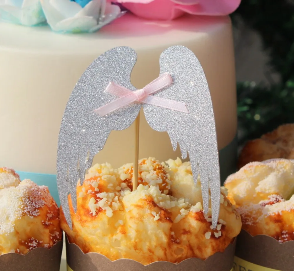 16 Baptism silver angel wing cupcake toppers christening Holy communion